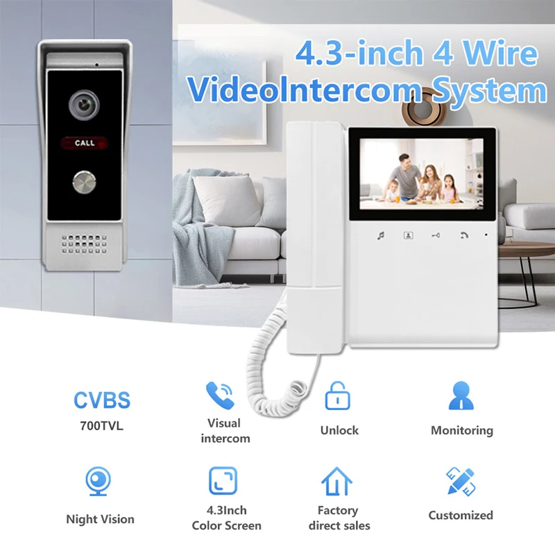 4.3inch IPS Screen  Wired Intercom Video Doorbell 1V1  Visual Door Peephole Viewer Door Phone Camera