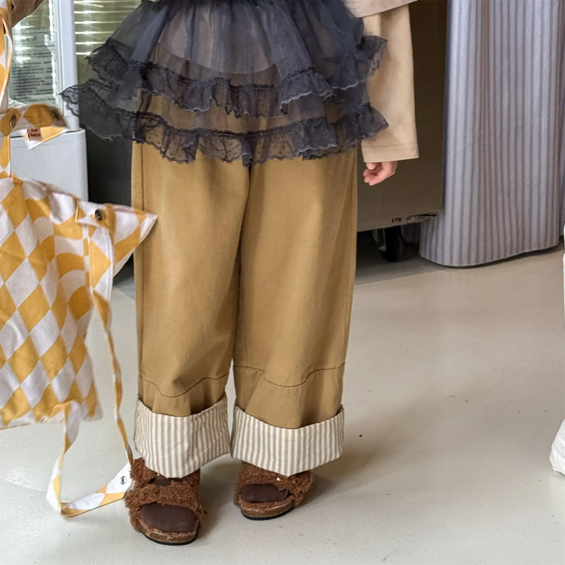 

1-6Y Cotton Wide Leg Pants Striped Cuff Detail Elastic Waist Baby Autumn Clothes Casual Kid Girls Fashion Clothes Daily Trousers