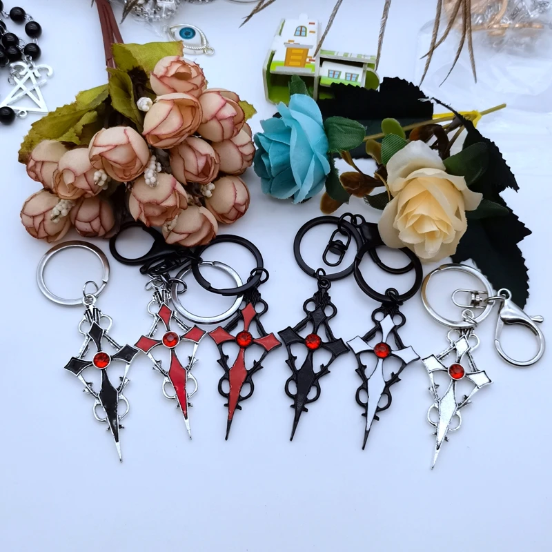 

Men Ladies Black High Quality Metal Red Zircon Keychain Punk Gothic Drip Cross Keychain Halloween Jewelry Accessories Gift