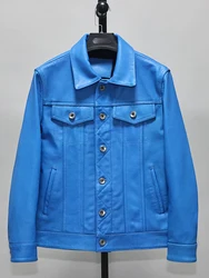 New Spring Autumn Fall Fashion Man Genuine Real Leather Coat Natural Goatskin Sheepskin Jacket for Male Motorcyclist Blue XXL