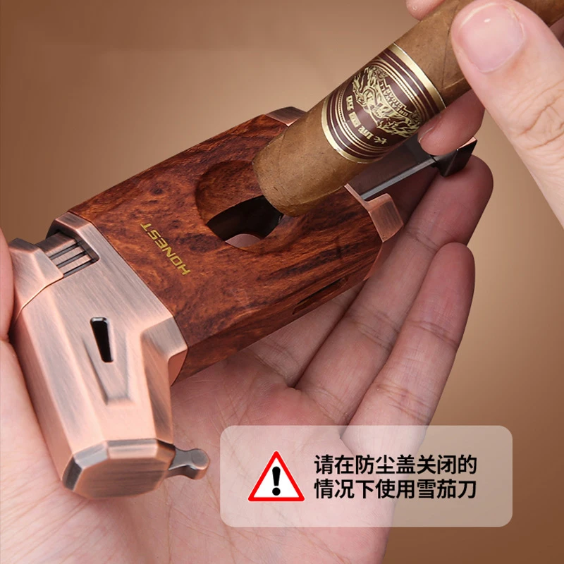 Inflatable windproof wood grain cigar lighter with high firepower and high-pressure direct flame V-shaped cigar cutter Cross bor