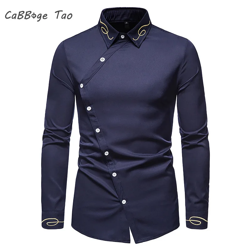 Spring New Men\'s Trendy Embroidery Asymmetric Solid Color Casual Slim Fit Comfortable Long Sleeved Shirt Western Denim Shirt Top