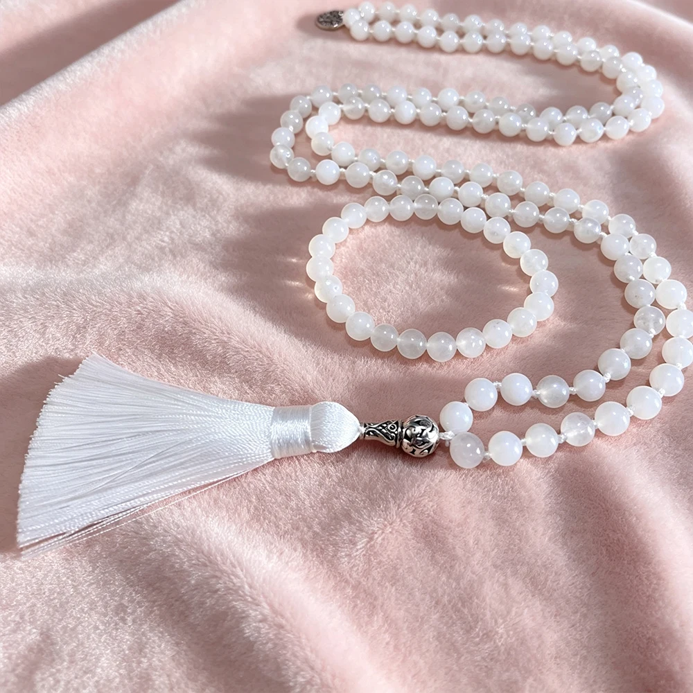 8 mm Mondstein-Perlenknoten, 108 Mala-Halskette, Armband-Set, Meditation, Yoga, Gebet, Japamala-Schmuck für Männer und Frauen – Detail 4