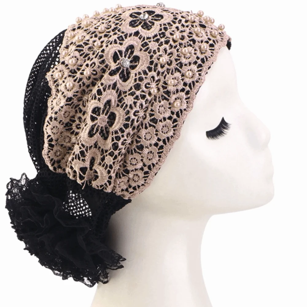 

Lace Embroidered Turban Hat Ready to Wear Floral Beaded Islamic Headwear Pearl Lace Vintage Lace Muslim Chemo Cap Curly Hair