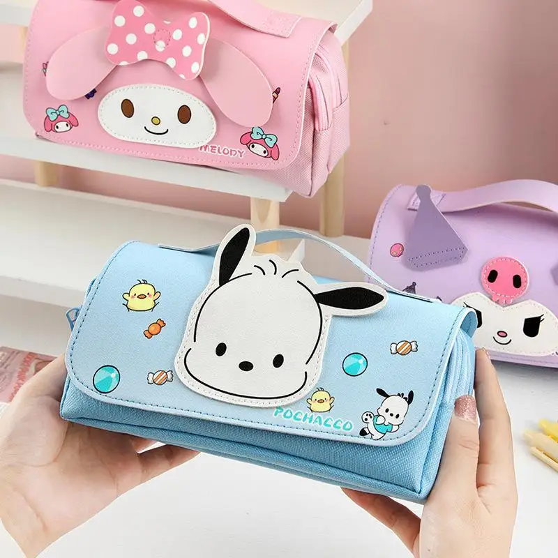 Estojo de Lápis Sanrio Kawaii, Hello Kitty Dos Desenhos Animados, Alta Capacidade Multi-Camada, Kuromi Papelaria Kit Saco De Armazenamento