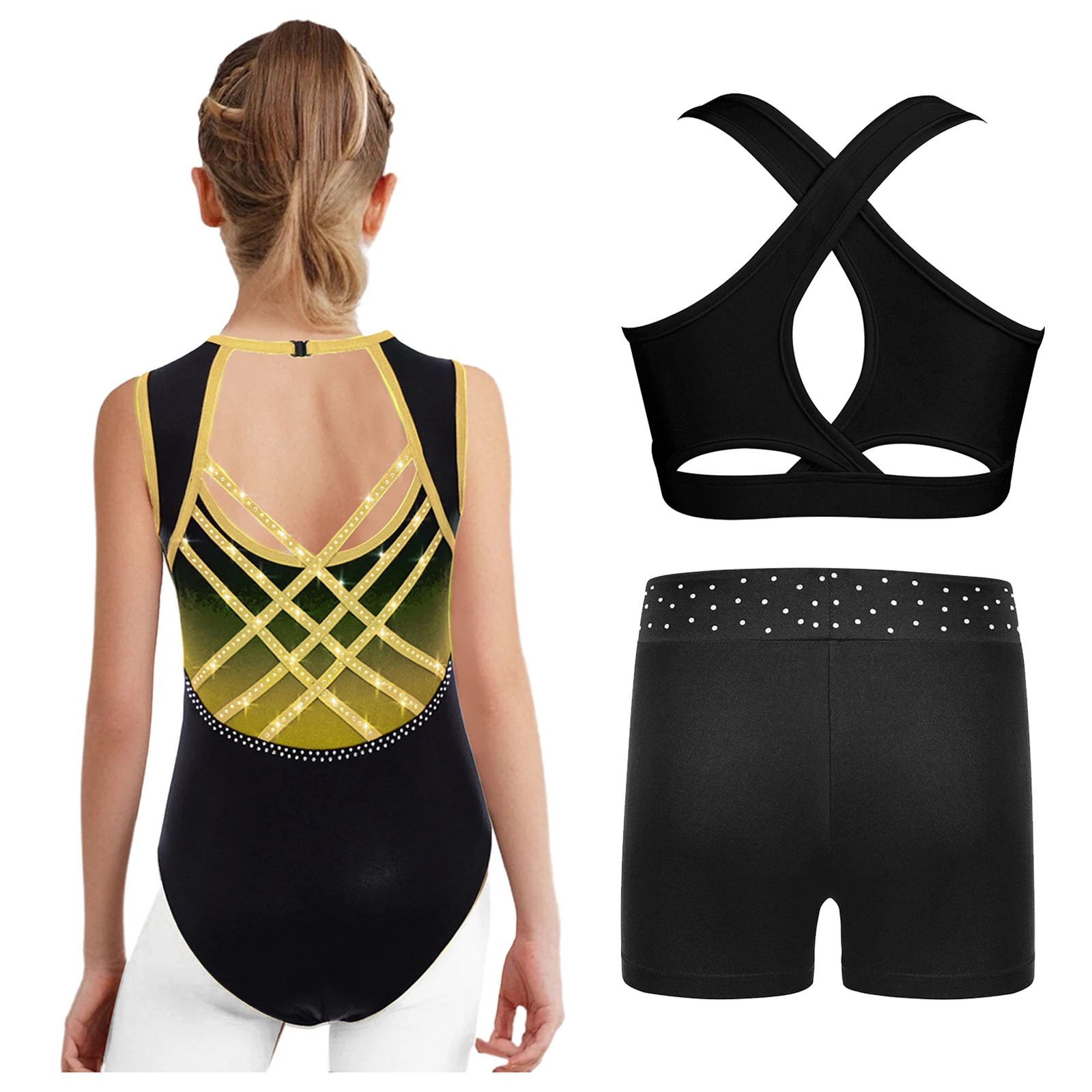 Set da ginnastica per balletto, sport, yoga, allenamento, per bambini, ragazze, senza maniche, incrociato sul retro, con strass e pantaloncini
