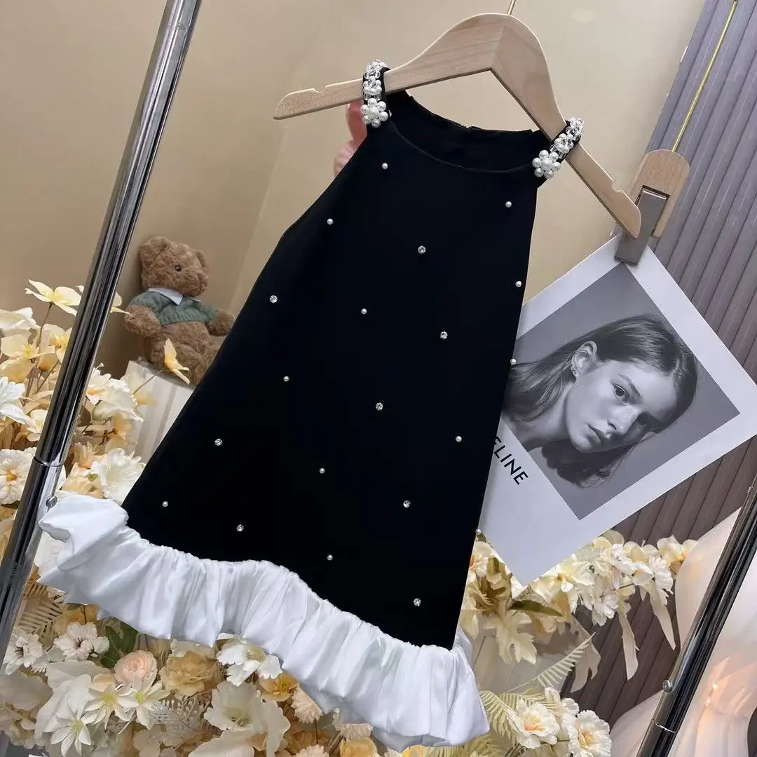 Robe d'été pour filles, nouveau style, petit caraco de style parfumé, robe noire à bord à volants, rap-duty, 2025