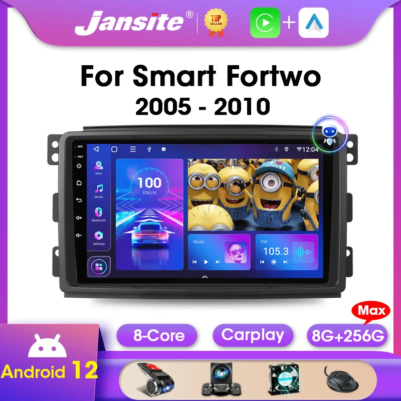 Jansite For Smart Fortwo 2005-2010 2 Din Android 12 Car Radio Multimedia Video Player Carplay Auto IPS Screen Car Stereo 4G+WIFI