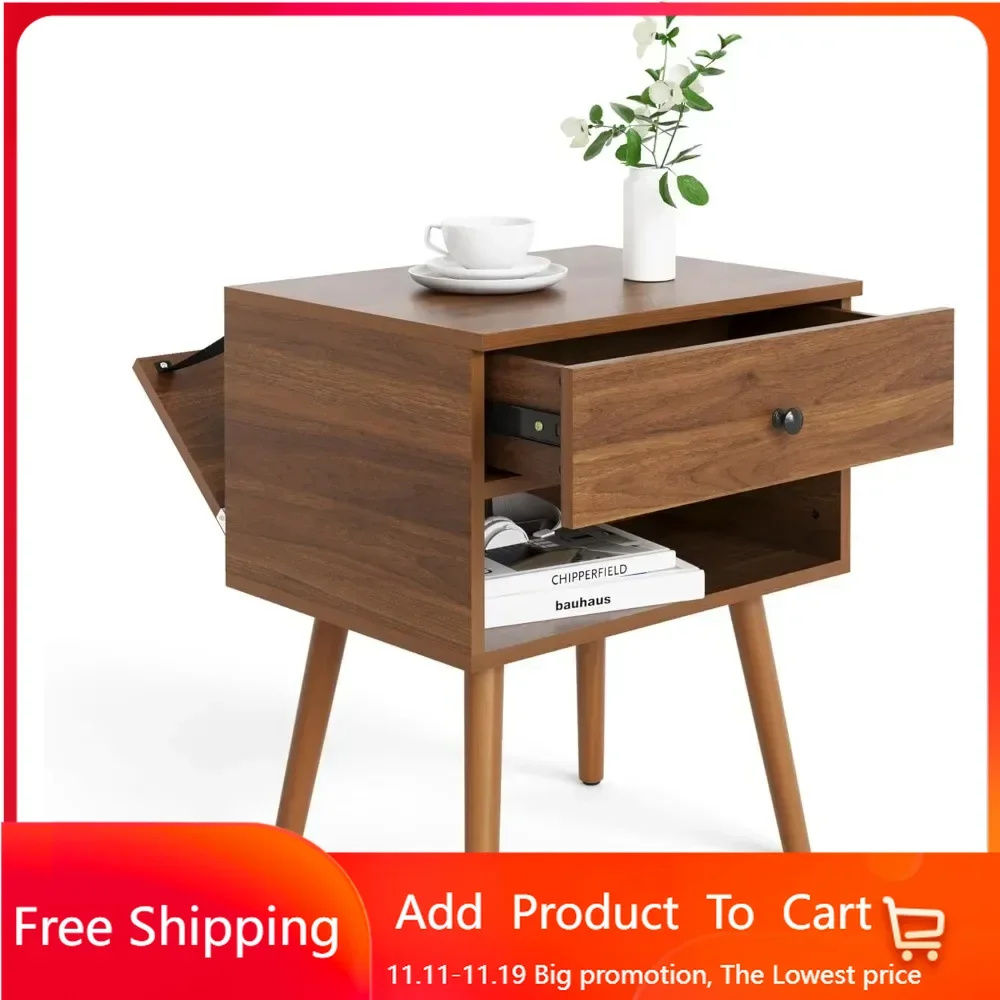 

Hidden Compartment Nightstands, Mid Century Modern Concealment Furniture, Bedside Table with Wood Legs, End Table with Storage D