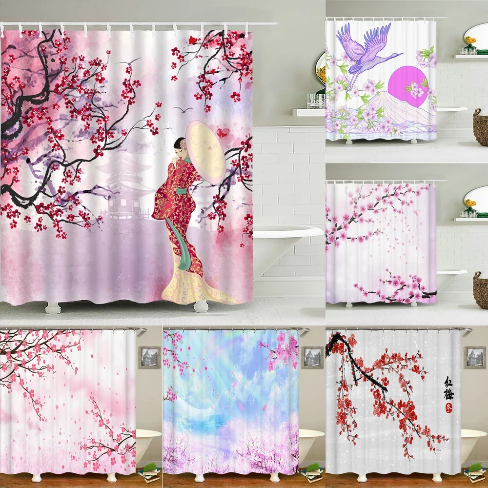 Waterproof Polyester Fabric Shower Curtains Japanese-style Plum Flower Woman Girl Decor Multi-size Shower Curtains for Bathroom