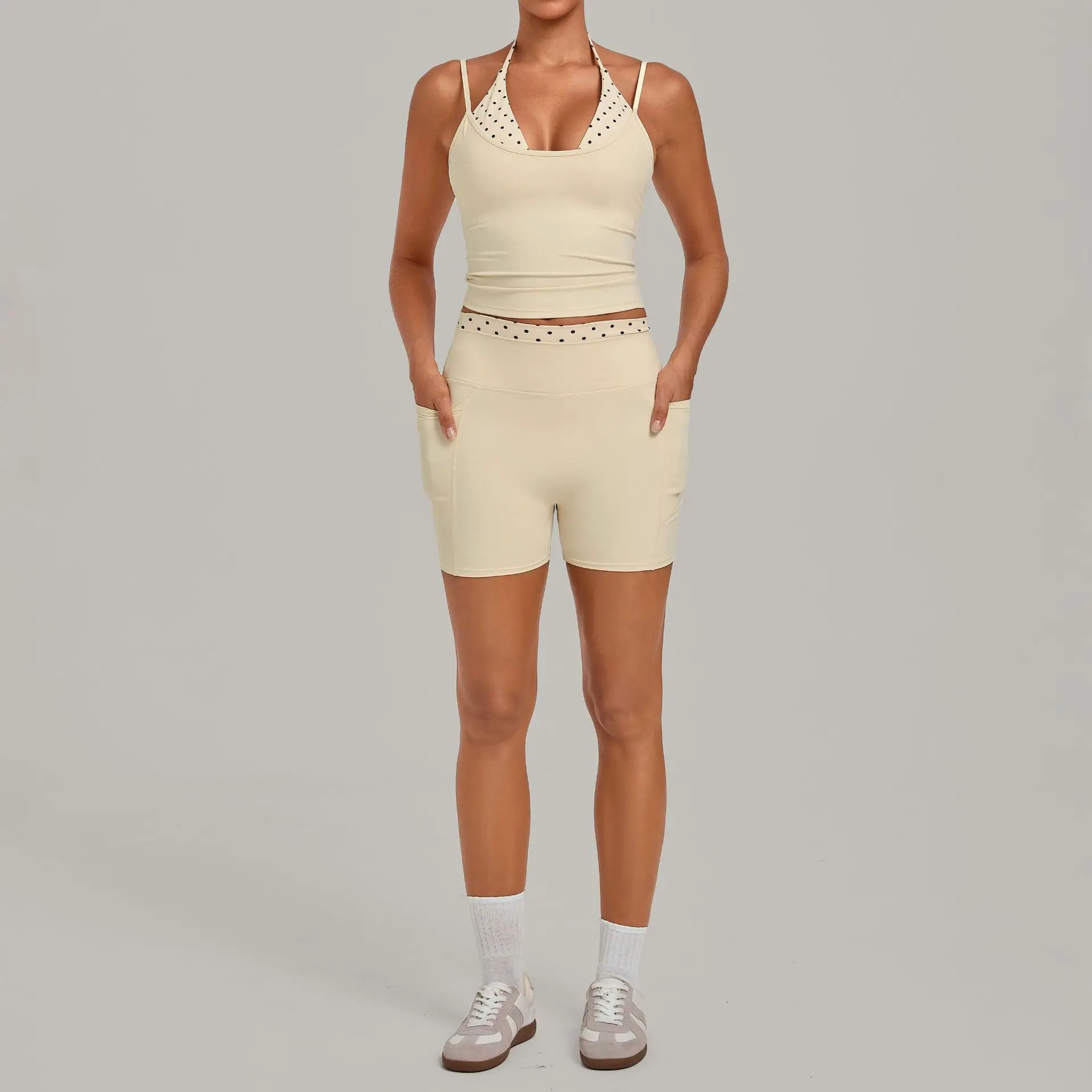 Retroprinting Yoga Sets Halter Shoulder Beautiful Back with Cup Vest Hip Lifting Shorts Running Women's Plus Size Fitness Suit