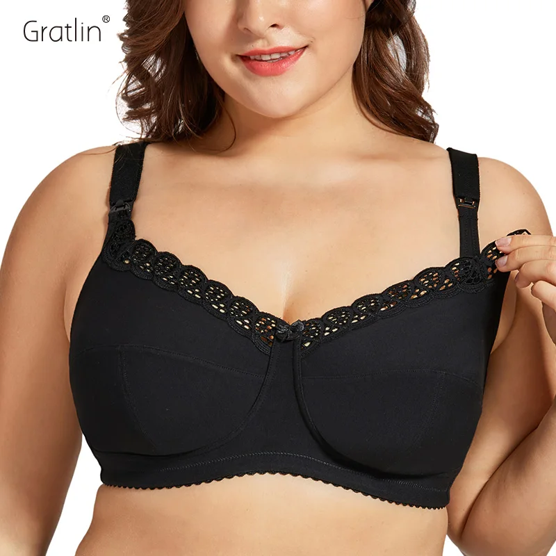 Gratlin Plus Size Breastfeeding Nursing Bra Women\'s Cotton Wirefree Soft Maternity With Lace Trim Lingerie Plus Size Lactation