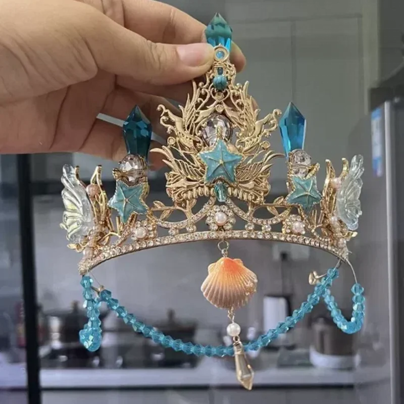 

Handmade Fashion Crystal Rhinestone Tiaras And Crowns For Women Exquisite Shell Diadems Prom Hair Accessories Princess Sea Party