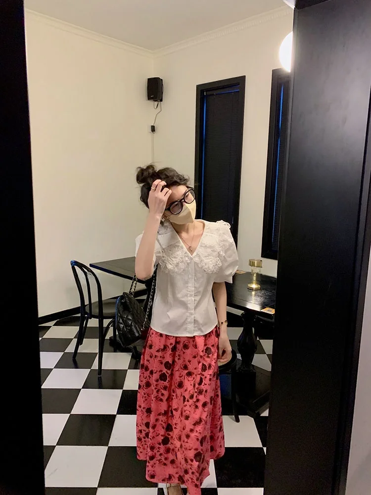 

High Waist A-Line Long Skirt Women's Summer Thin Design Sense Personality Rose Print Elastic Waist Half Body Skirt