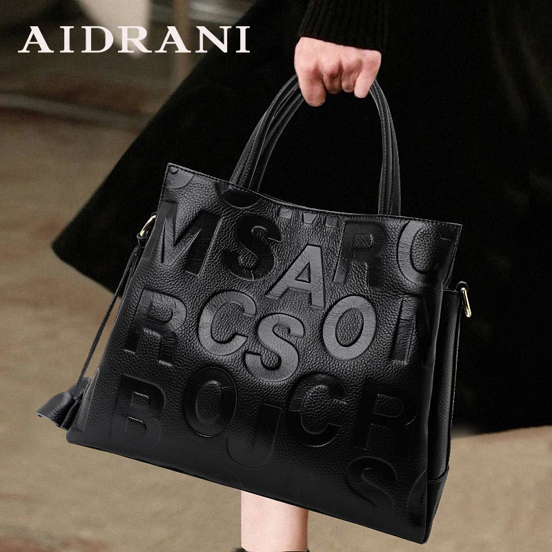 Aidrani-Bolso de mano de piel auténtica para mujer, bolsa cuadrada con patrón de letras a la moda, 100% suave, de piel de vaca