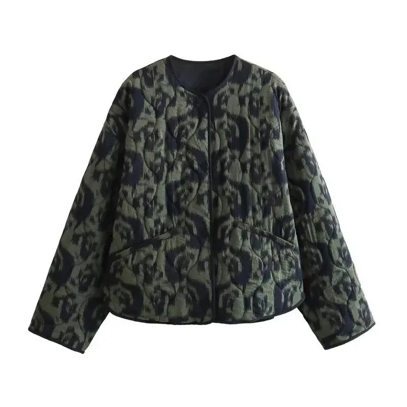 LIBIELIY Women's Elegant Fashion Animal Print Loose Edition Vintage Crewneck Cotton-padded Jacket Multi-color Option