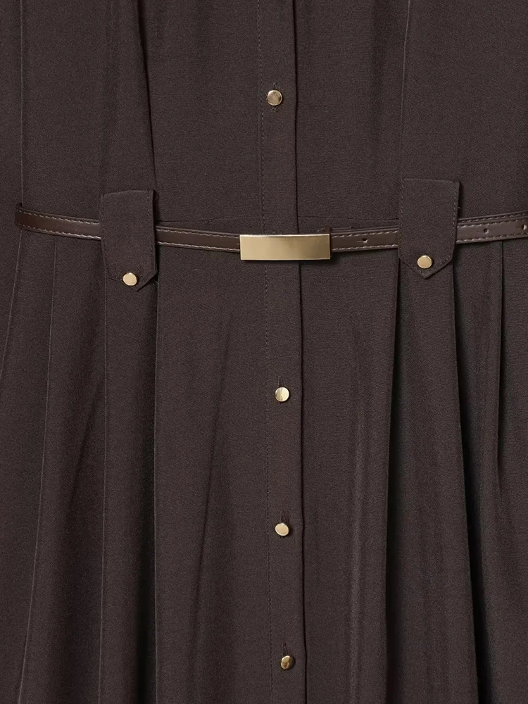 المرأة الجديدة مع حزام قميص السيدات مطوي فستان ماكسي كم طويل حزام التخسيس الخصر فستان للنساء فساتين عادية #3