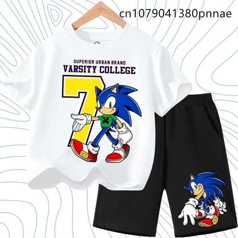 

Hot Kawaii Cartoon Printed Short Sleeves Boys Girls Casual Tracksuit Summer Children Clothes New Sonics Kids T-Shirts Shorts Set