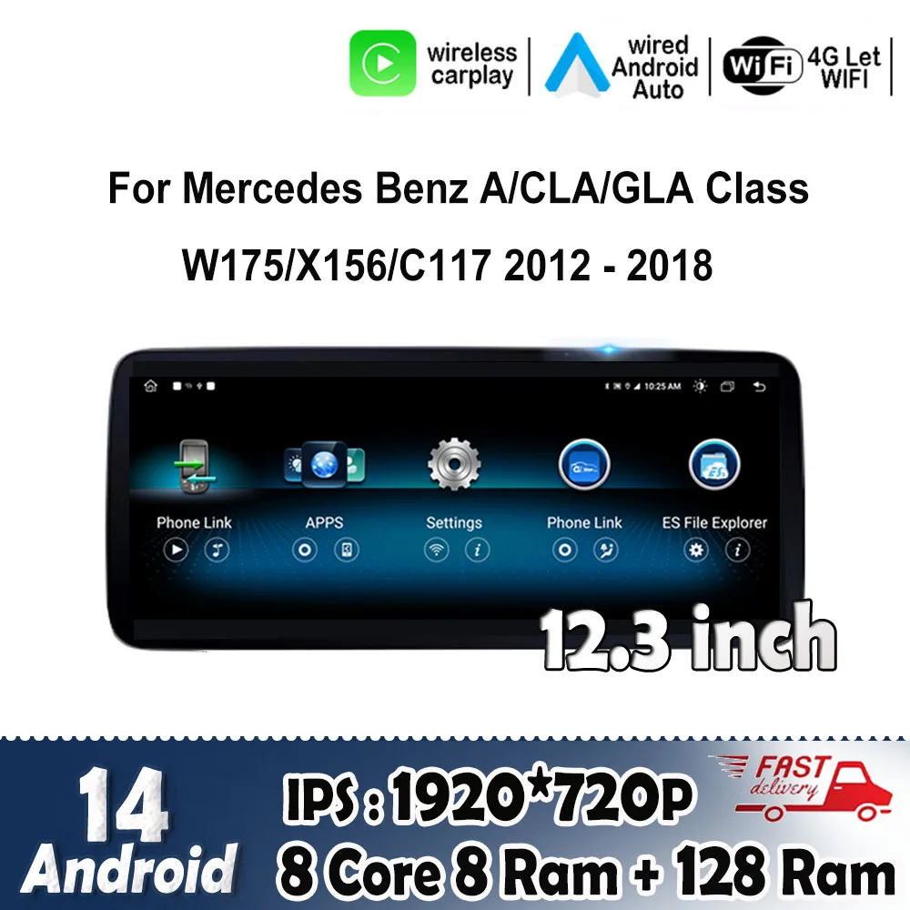 

12,3-дюймовый автомобильный радиоприемник для Mercedes Benz A/CLA/GLA Class W175/X156/C117 2012-2018 Android 14 с автоматической GPS-навигацией Автомобильное видео