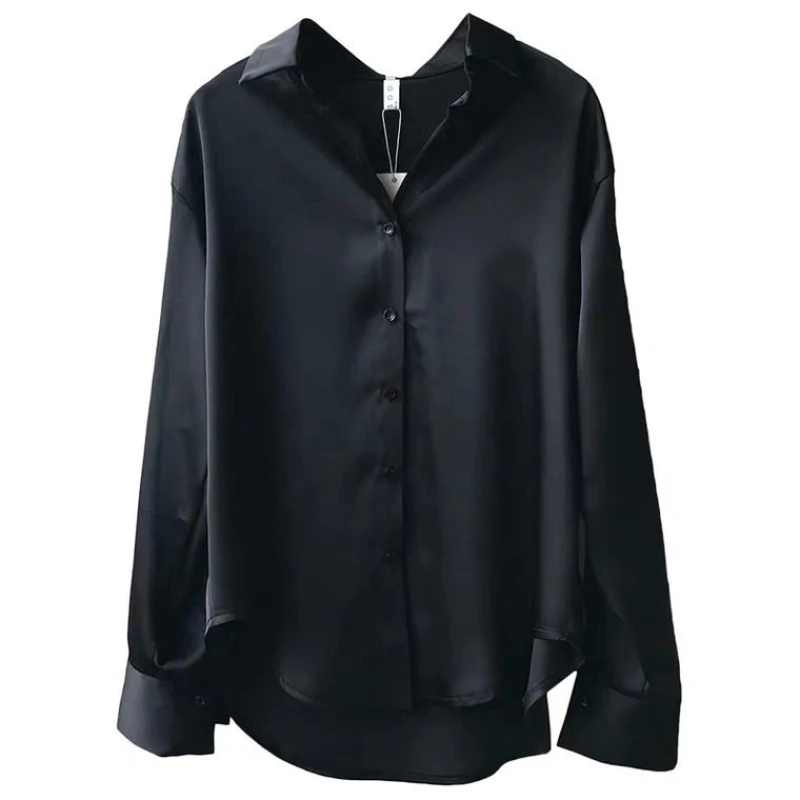 2022 Spring Autumn Solid Color Satin Shirt Elegant Slim Blouse for Women Loose Open Stitch Tops Korean Turn-Down Collar Clothing