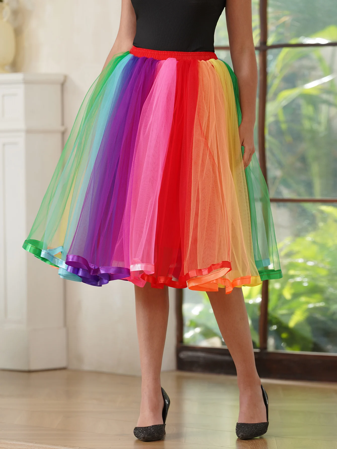 BABYONLINE Colored Petticoats Underskirt Elestic Wasit Multicolor Tulle Tutu Skirt Pleat Mesh Rainbow Skirts Performance Costume