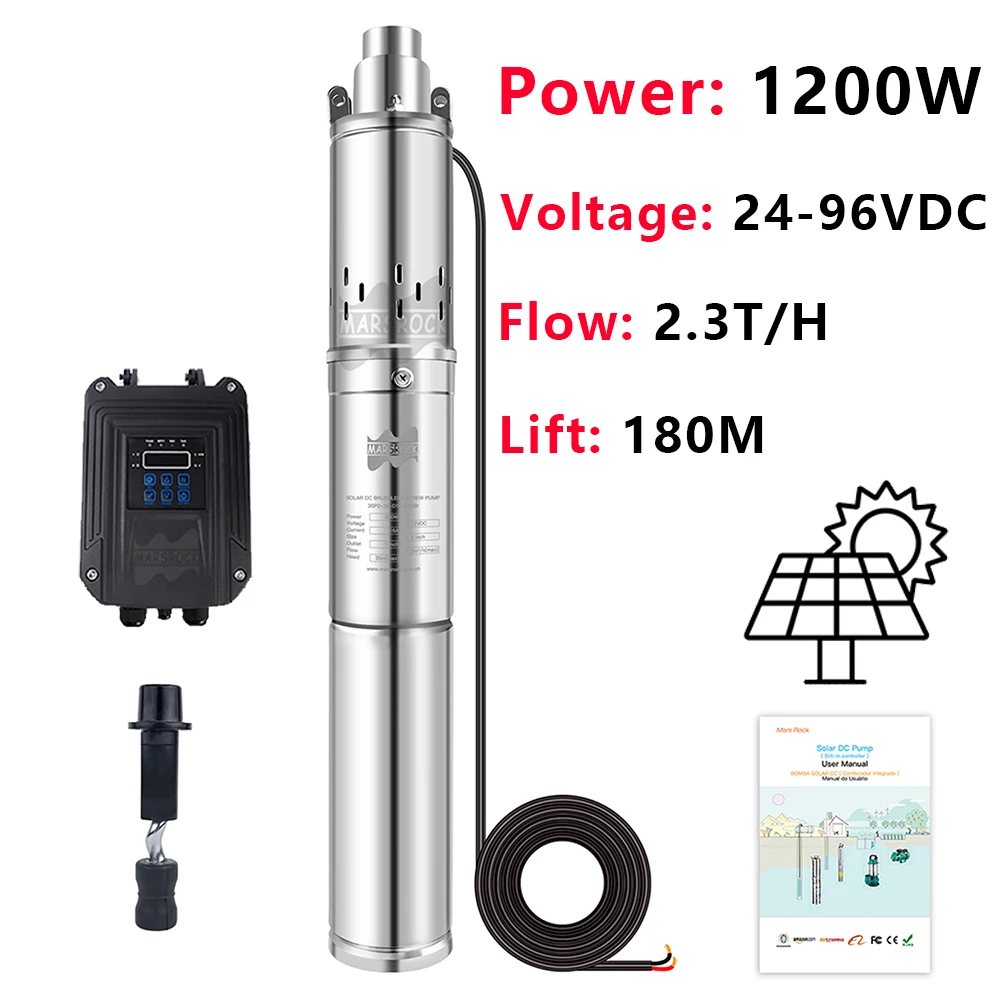 750W 1200W Solar Deep Well Pump DC 24V 48V 72V External Controller Stainless Steel Submersible Screw Pump Lift 180M Agriculture