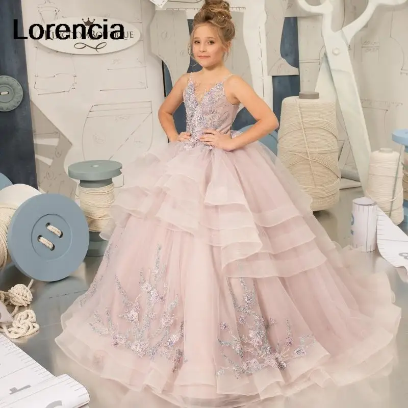 Lorencia-結婚式、花の女の子、チュールボールガウン用のプリンセスピンクのふくらんでいるレースのアップリケドレス、最初の聖体拝領ガウン、yfd73、2024