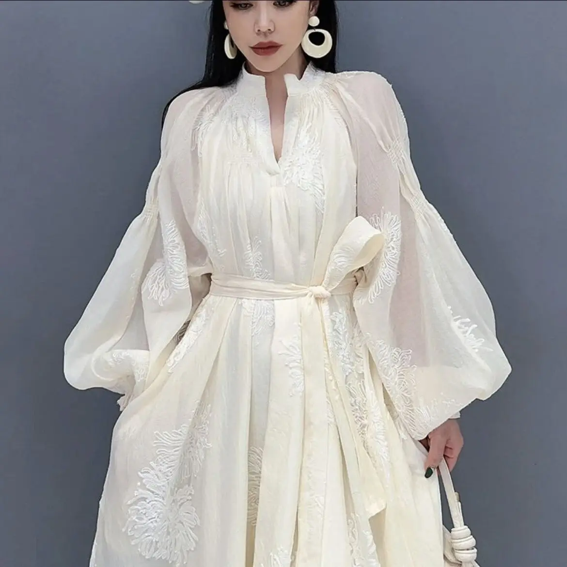Spring Women Embroidery Evening Party Dresses Elegant Lantern Sleeve Vintage Casual A Line Dress Female Fashion Vestidos Robe