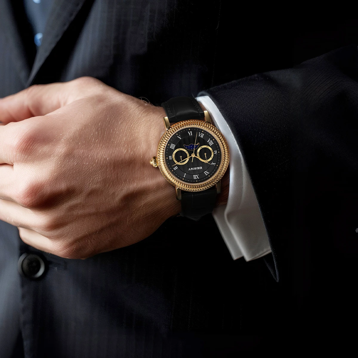 BERNY Uhren für Herren, Luxus-Kleidermarke, Business, Gold, Quarz, echte Monde, Herrenuhr, S/S, Saphir, Kalender, Mondphase-Armbanduhr – Detail 12