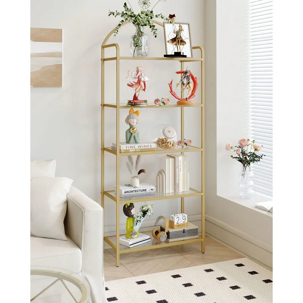 

Bookcase Bookshelf, Tempered Glass Bookshelves, Slim Shelving Unit For Bedroom, Bathroom, Home Office, Steel Frame, 5 Tier Gold