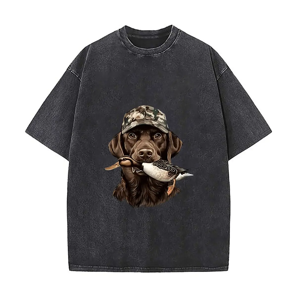 Labrador Duck Hunting Camo Hat Graphic Distressed Faded Baggy Streetwear Tops for Park Hangouts