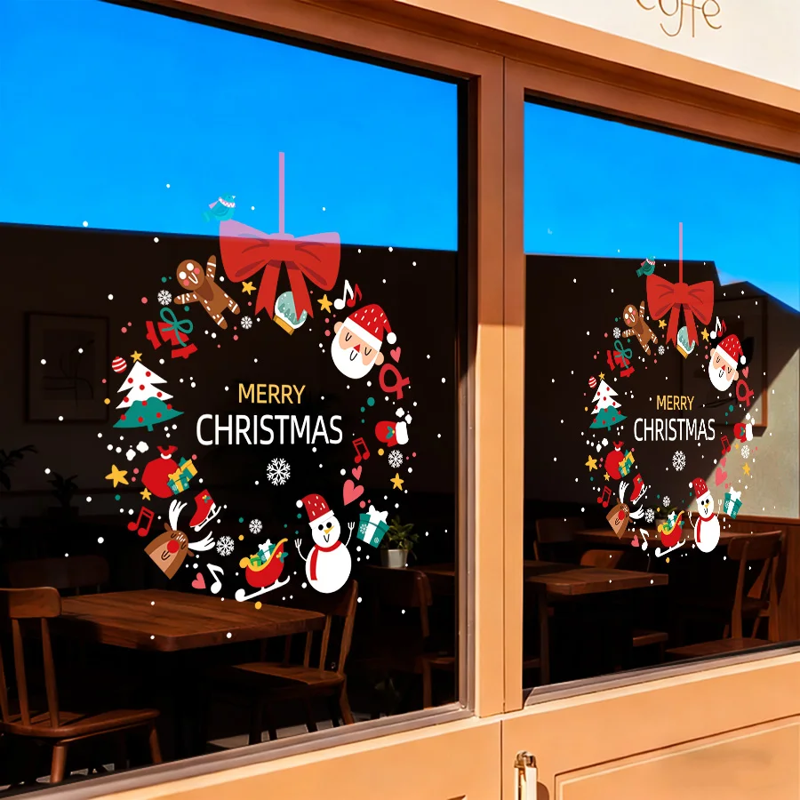 1 Sheet of 45*45cm Merry Christmas Static Cling Window Stickers, Featuring Christmas Wreaths, Santa Claus, Snowmen, Gingerbread Men, Removable Without Leaving Residue, Reusable Glass Stickers, Suitable for Cafes, Shop Windows, and Home Christmas Holiday Decorations