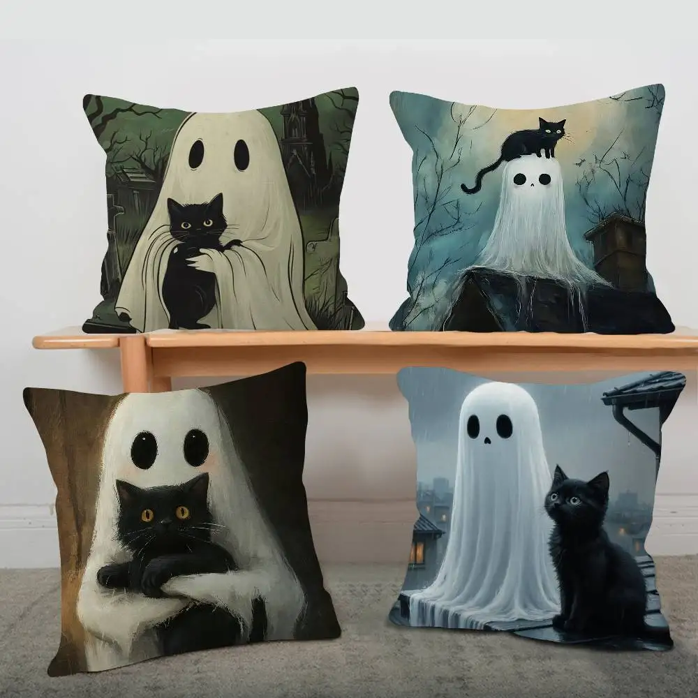 Cute Ghost Black Cat Riding A Broom Pillow Anime Pillow Sofa Bed Head Pillow Cover Cushion Cover 45x45 cm Fashion