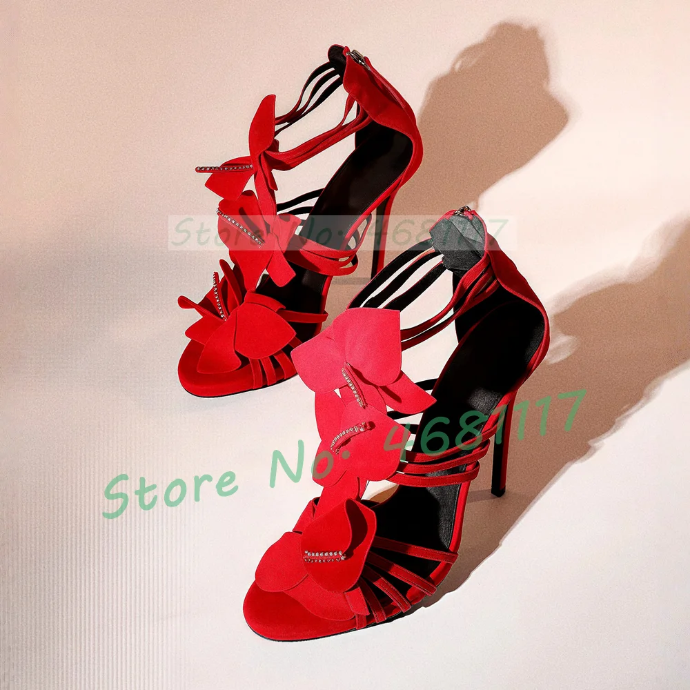 Red Suede Flower High Heels Sandals Women Fashion Crystal Back Zipper Elegant Stiletto Shoes Female Sexy Strappy Decals Sandals