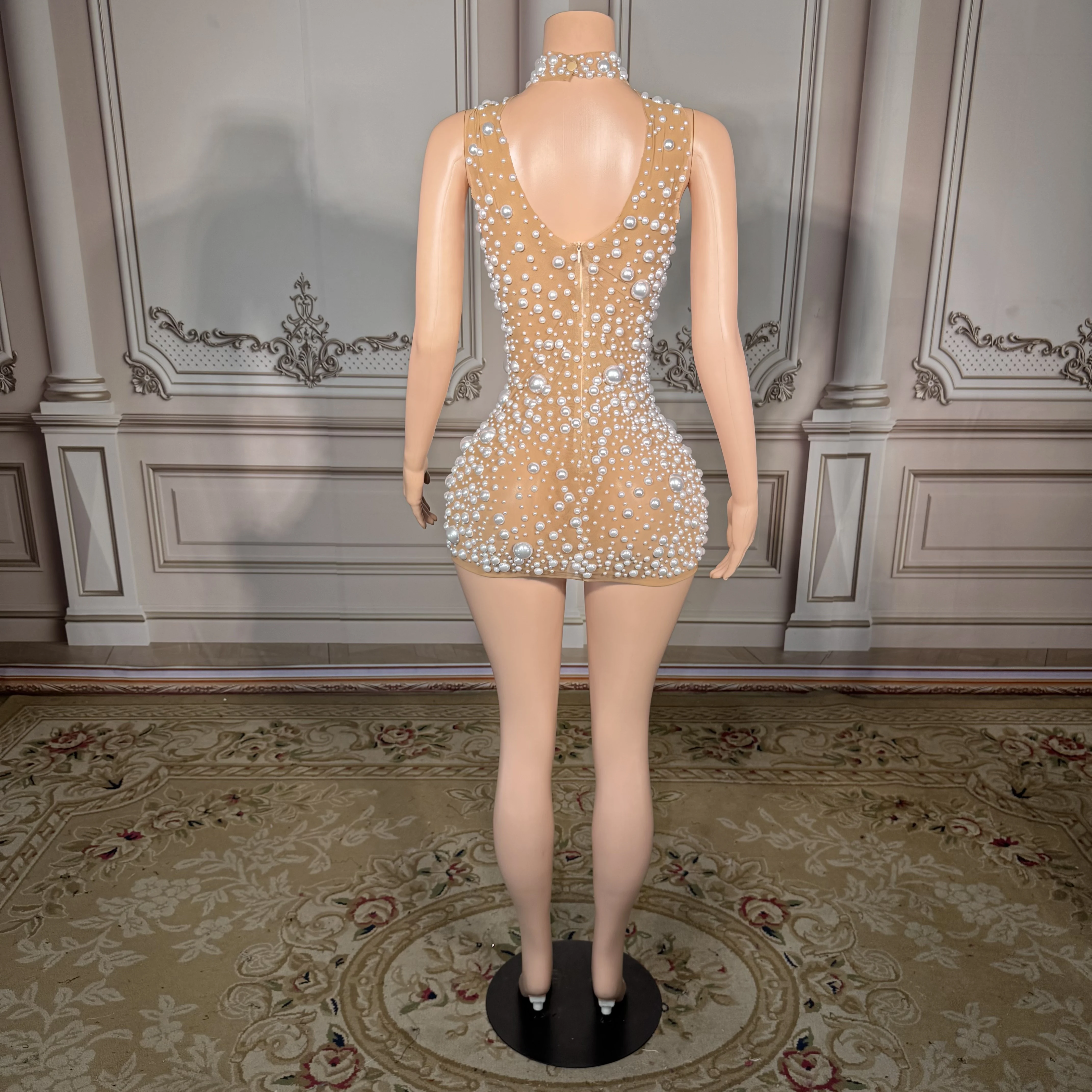 ZD Elegante A-lijn Satijnen Avondjurk Zuiver Witte Parels Naakt Mesh Trim Rode Loper Mode Outfit voor Zomer Sexy Nieuw Ontwerp