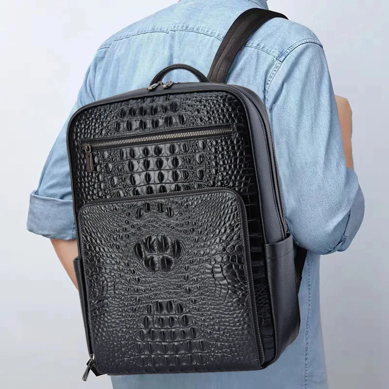 2023 New Luxury Brand Real Genuine Leather Men Backpacks alligator Student Backpack Boy Luxury 15.6 Inch Computer Laptop Bag