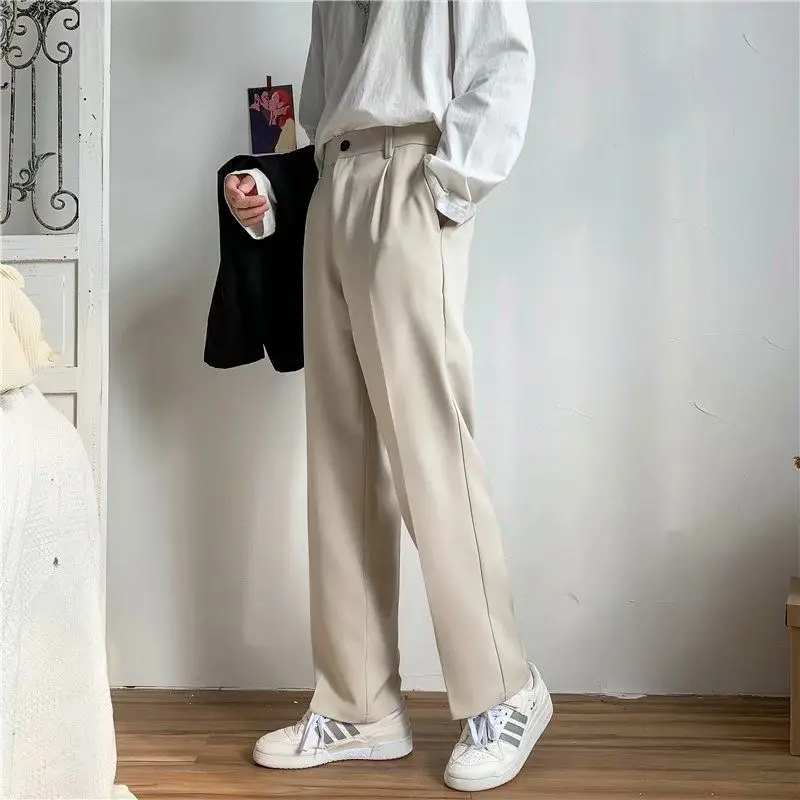 

Summer Solid Color Pleated Pants Men Fashion Oversized Ice Silk Pants Men Korean Loose Straight Pants Mens Casual Trousers S60