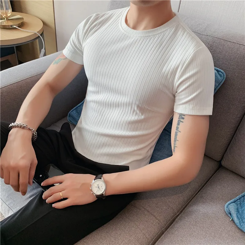 2023 Summer Thin Dark Striped T Shirt Men\'s Clothes Short Sleeved Round Neck Slim Fit Elastic Tee Tops All-match Bottoming Shirt