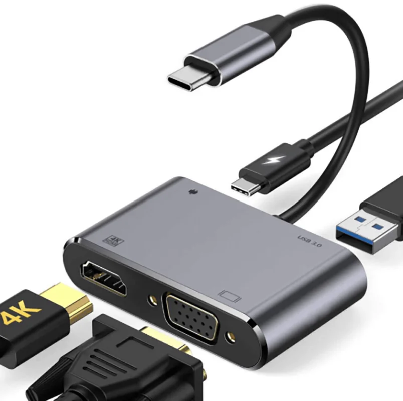 

4 In 1 USB 3.0 Typ-C Hub to HDMI 4K 30HZ+VGA1080P+USB3.0+100WPD Converter For MacBook Air Pro Samsung Charging Adapter