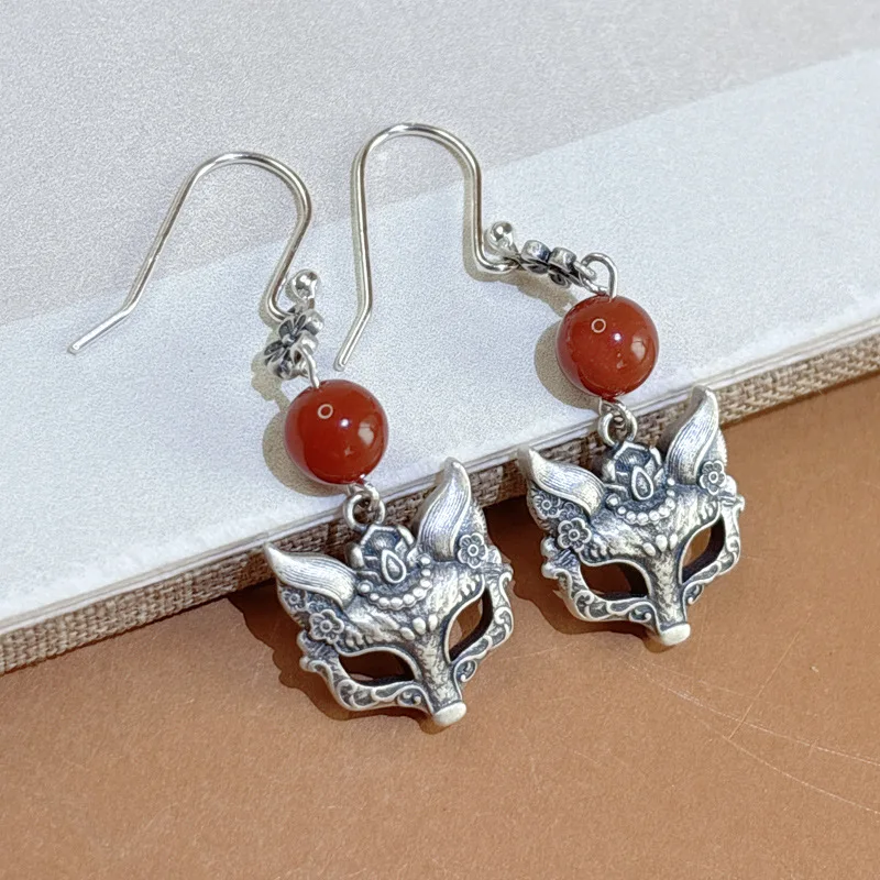 

Серьги-подвески из стерлингового серебра 925 пробы с маской лисы для женщин, модный дизайн, ювелирные изделия ручной работы из красного агата, новогодний подарок