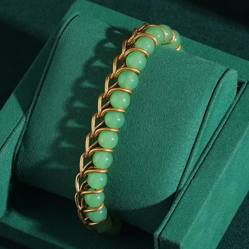 

Vintage Jewelry Gold Color Chain Green Beaded Bracelets For Woman Designer Charms Luxury Accessories Antique Valentine Day Gift