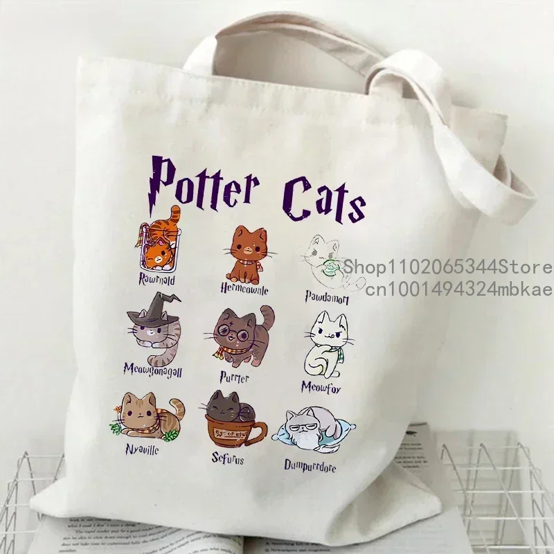 Bolso de mano de lona para mujer, bolso de gato de Potter, bolsos de compras de animales Harajuku, bolso de mano estético de gato de dibujos