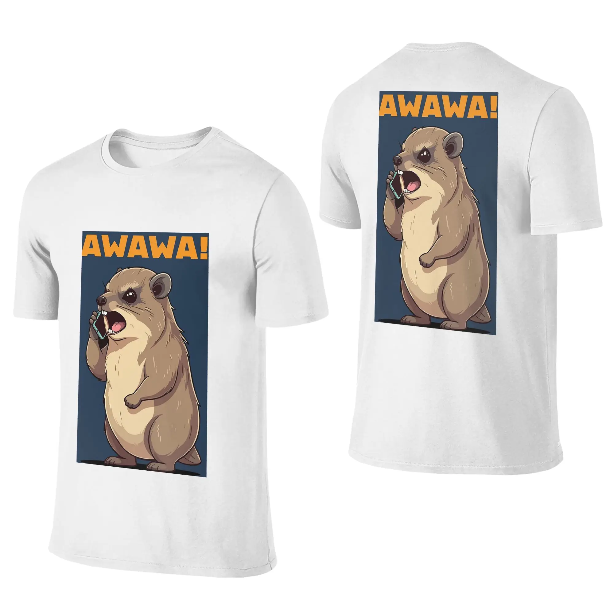 100% Cotton Rock Hyrax Awawa On Phone Groundhog Dassi T-Shirt Men's Double Sided T Shirt Men O-Neck Summer Shirts Tops Oversized