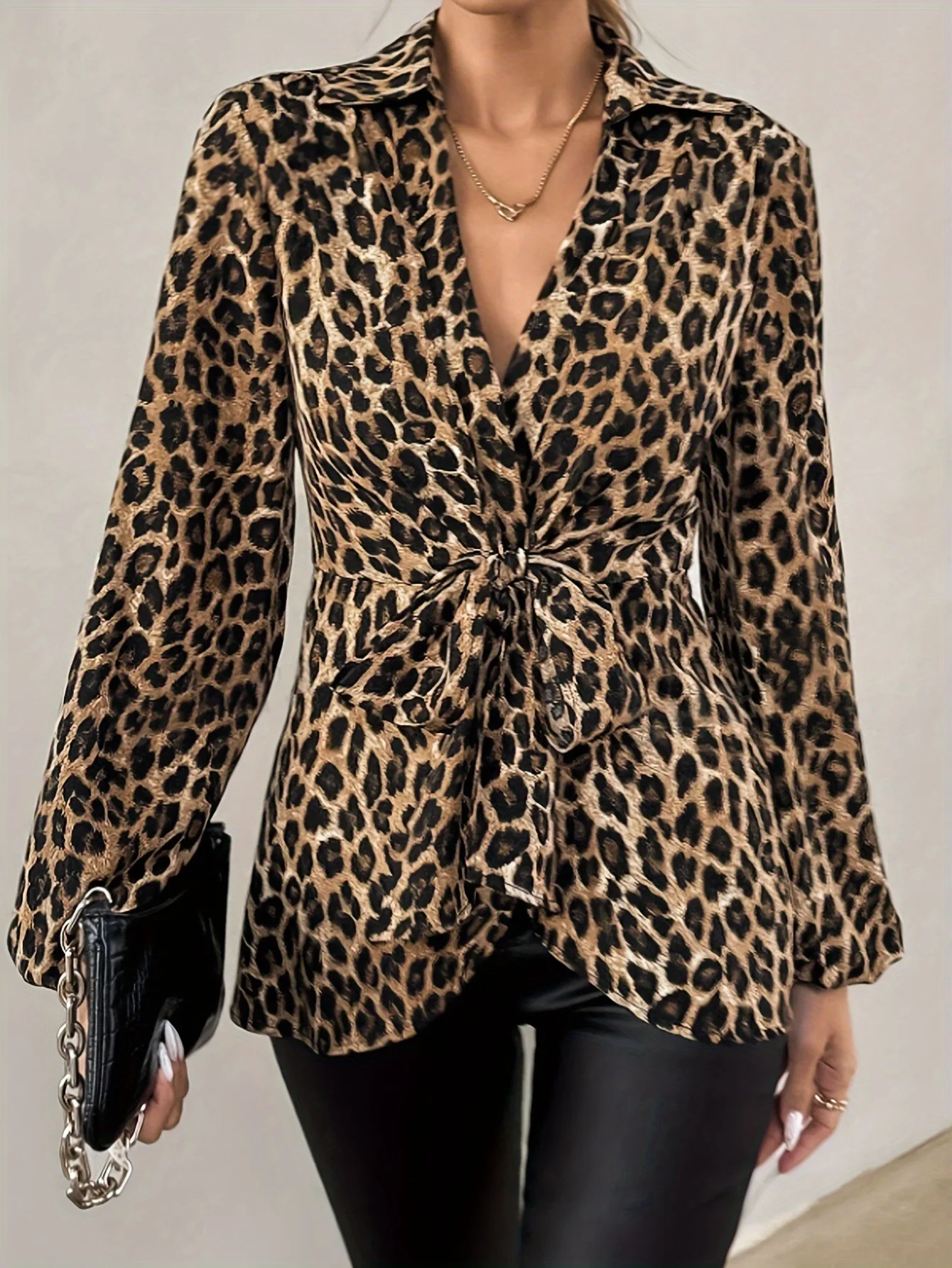 

Spring 2025 New Style Long Sleeve Shirt Leopard Print V-Neck Tie Waist European And American Cross-Border Fashion Elegant Top