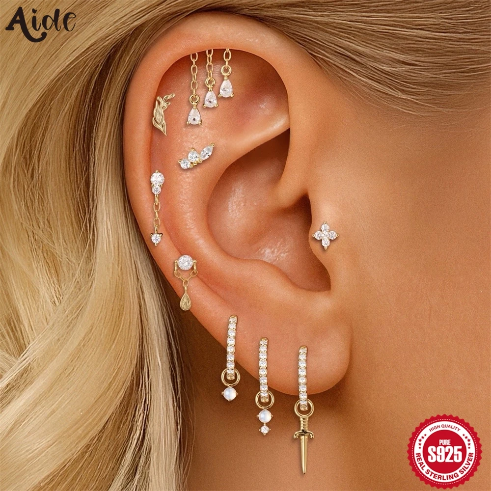 Aide 1PC Wheat Ears Zircon Piercing Studs 925 Sterling Silver Flat Head Piercing Ear Bone Nail For Women Foldable INS Earrings