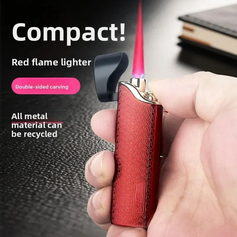 Neues Outdoor Winddichtes Ultra-Dünnes Butan Aufblasbares Feuerzeug Tragbares Mini-Rotflammen-Metallgasfeuerzeug Hochwertiges Geschenk