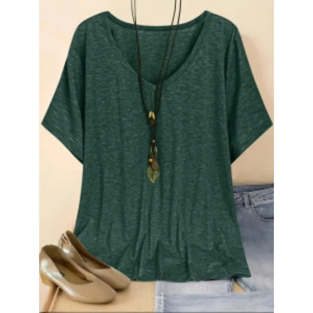 

Plus Size 1Xl-5XL New Women's Fashion V-neck Short Sleeved T-shirt Ladies Casual V Neck Short Sleeve Loose T-Shirt