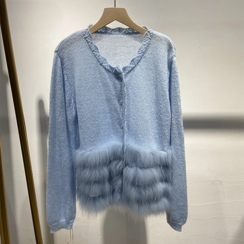 2025 ผู้หญิงขนสุนัขจิ้งจอกจริงตกแต่งภายนอกLadyแฟชั่นฤดูใบไม้ร่วงบางเสื้อกันหนาวถักเดี่ยวBreasted Coat