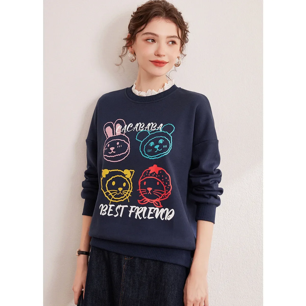 LOUIS YAO 2025 Winter Thick Velvet Fashion Micro Elastic Round Neck Contrasting Color Lace Printed Loose Shoulder Women's Hoodie