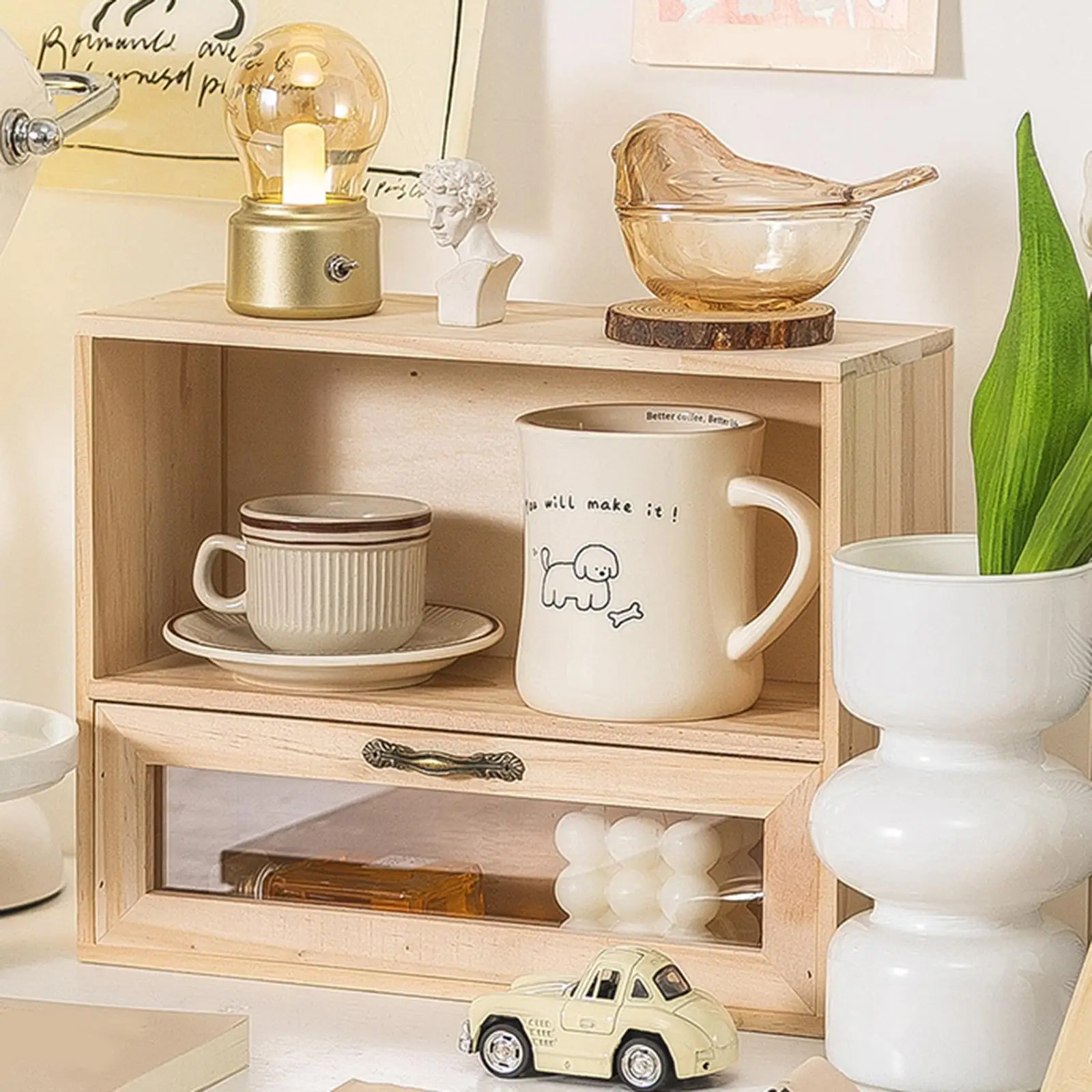 Desktop Storage Cabinet Shelf Wooden Display Case Showcase Storage Stand for Toys Collectibles Perfume Tea Cup Action Figures